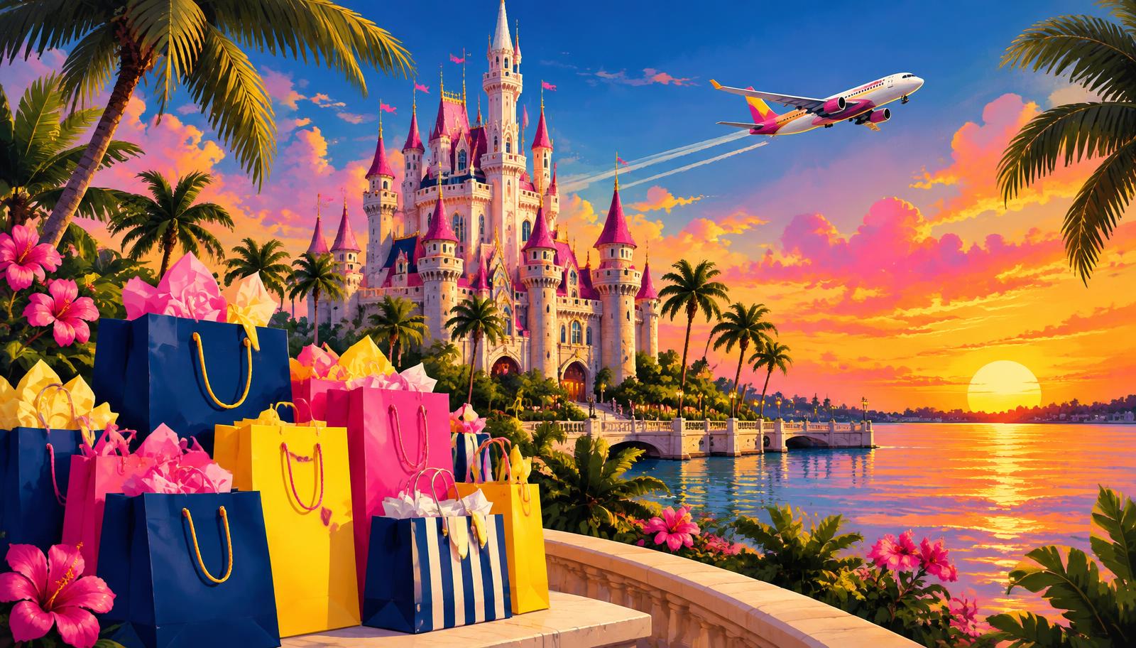 Fairytale castle at sunset with piles of shopping bags